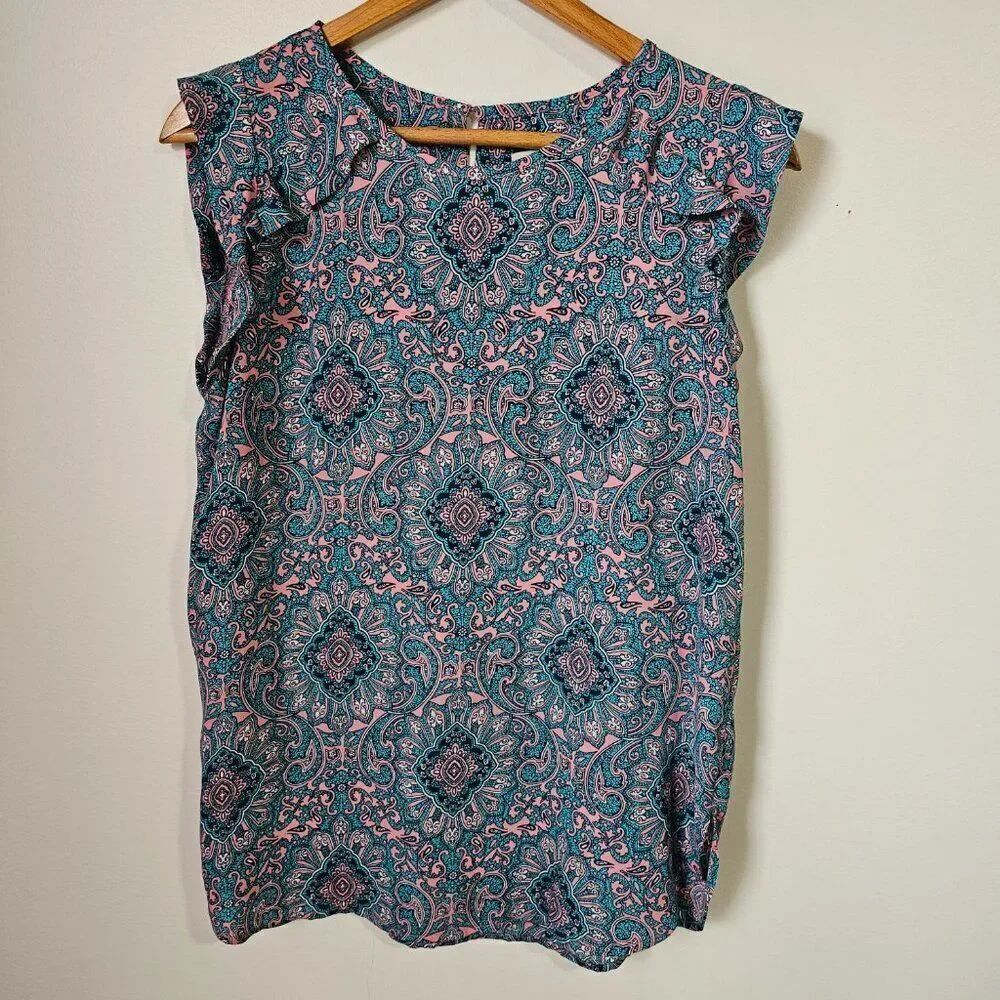 EUC LOFT PAISLEY MANDALA PRINT RUFFLED TOP SIZE SMALL